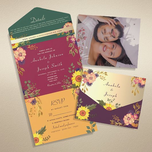 Invitation Tout En Un Joyau floral coloré Mariage de ton