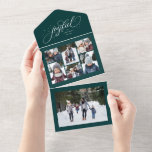 Invitation Tout En Un Joyeux collage de Noël vert triple vacances<br><div class="desc">Un élégant script "joyful" est entouré d'étoiles scintillantes sur ce carte photo de vacances unique. Personnalisez-le avec votre collage de 6 photos et une grande photo simple. Il y a aussi de la place sur cette carte triplée de Noël pour un message plus long qui peut fonctionner comme une mise...</div>