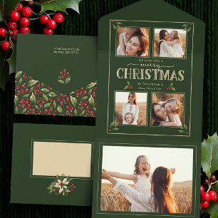 Invitation Tout En Un Joyeux Noël de style élégant vintage 4-Photo