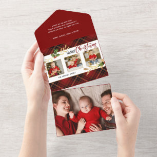 Invitation Tout En Un Joyeux Noël Gold Feuilles 3 photos Red Tartan