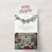 Invitation Tout En Un Joyeux Noël Rouge Script Aquarelle Vacances (À l'intérieur)