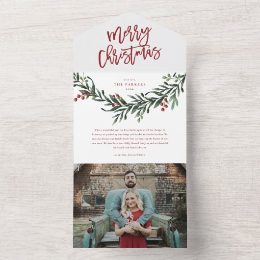 Invitation Tout En Un Joyeux Noël Rouge Script Aquarelle Vacances (À l'intérieur)