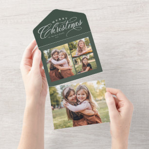 Invitation Tout En Un Joyeux Noël vert 4 vacances photo triples