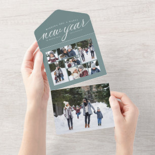 Invitation Tout En Un Joyeux Nouvel An turquoise photo collage triplé va
