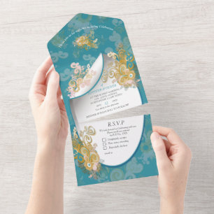 Invitation Tout En Un Joyeux rose Abstrait, bleu ciel - Fleurs roses