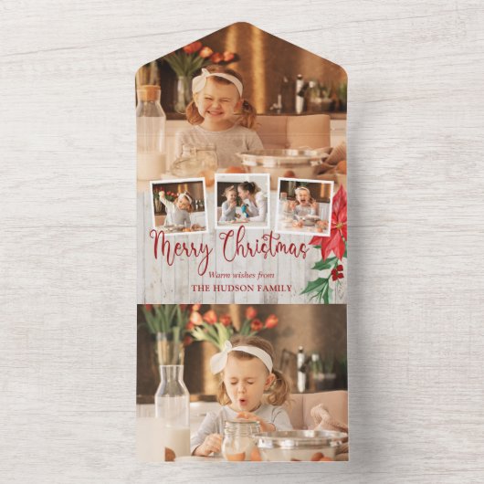 Invitation Tout En Un Joyeux Script de Noël, Poinsettia, Rustique 4-Phot (À l'intérieur)