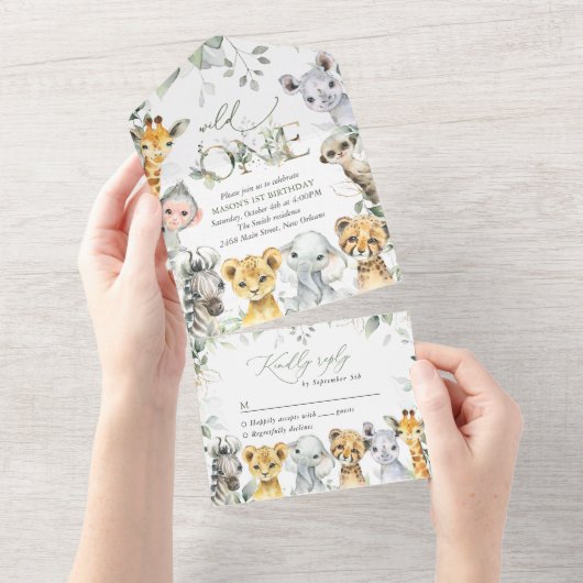 Invitation Tout En Un Jungle Animals, Safari, Wild One, First Birthday (Déchirure)