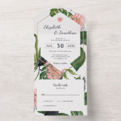 Invitation Tout En Un jungle tropicale feuilles & fleurs roses floral mo (À l'intérieur)