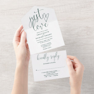 Invitation Tout En Un Just Love Élégant Script Emerald Green Mariage