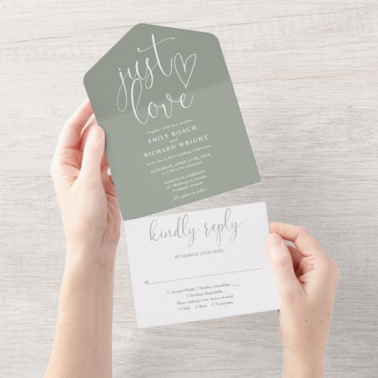 Invitation Tout En Un Just Love Elegant Script Sage Green Mariage (Déchirure)