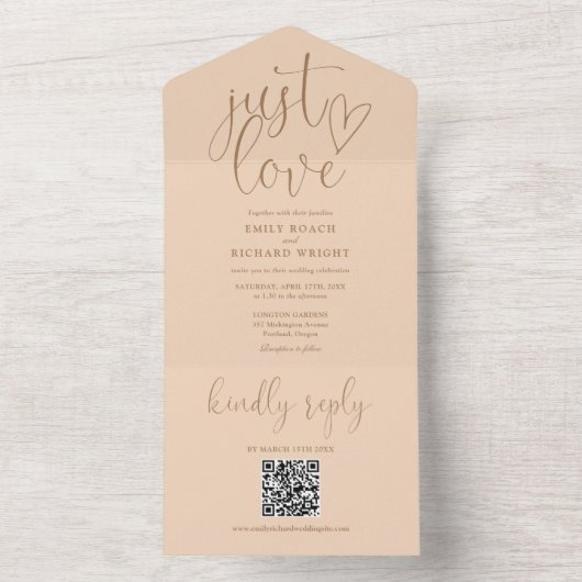 Invitation Tout En Un Just Love Modern QR Code Soft Peach Mariage (À l'intérieur)