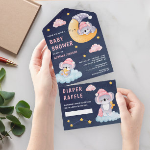 Invitation Tout En Un Koala endormi sur la lune Baby shower bleu marine