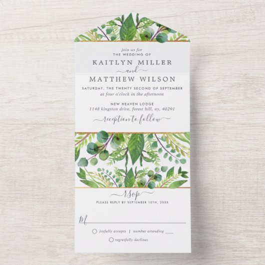 Invitation Tout En Un La Collection Mariage Verdure & Or (À l'intérieur)