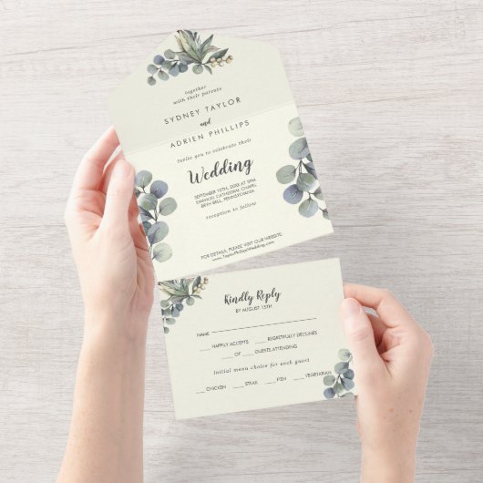 Invitation Tout En Un La verdure d'hiver | Mariage d'eucalyptus ivoires (Déchirure)