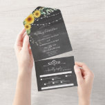 Invitation Tout En Un Lampadaire de tournesol Chalkboard<br><div class="desc">Les lampes à cordes rustiques et les Faire-part de mariage en bois sont conçus avec une carte postale RSVP perforée facile à déchirer. Il suffit de plier chaque carte dans la forme esquissée, puis sceller et envoyer - aucune enveloppe nécessaire pour l'expédition. Trouvez les articles correspondants dans ma boutique ou...</div>