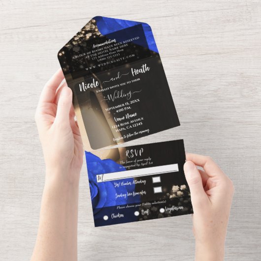 Invitation Tout En Un Lanterne rustique et Rose bleu Mariage + RSVP (Déchirure)