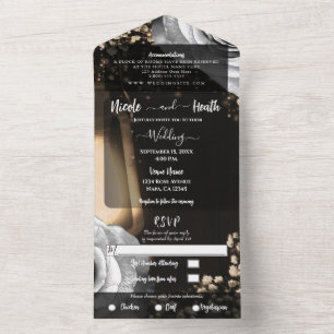 Invitation Tout En Un Lanterne Rustique & Roses Argentées Glam Mariage
