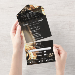 Invitation Tout En Un Lanterne Rustique & Roses Dorées Vintage Mariage +