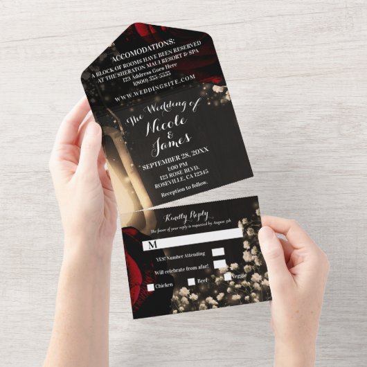Invitation Tout En Un Lanterne Rustique & Roses Rouges Glam Mariage + RS (Déchirure)