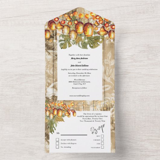 Invitation Tout En Un lanternes Hawaii boho bois rose tropical (À l'intérieur)