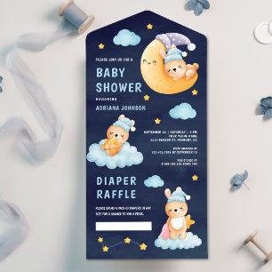 Invitation Tout En Un Lapin endormi sur fond bleu marine Baby Shower