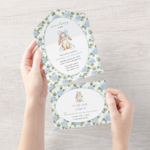 Invitation Tout En Un Lapin Mignon, Nœud Bleu, Fleurs Bleues, Premier An