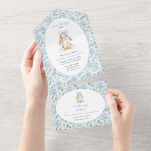 Invitation Tout En Un Lapin Mignon, Nœud Bleu, Fleurs Bleues, Premier An