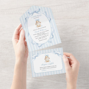 Invitation Tout En Un Lapin Mignon, Nœud Bleu, Rayures Bleues, Baby Show