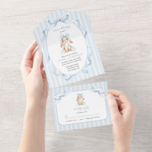 Invitation Tout En Un Lapin Mignon, Nœud Bleu, Rayures Bleues, Premier A