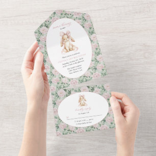 Invitation Tout En Un Lapin Mignon, Nœud Rose, Fleurs Roses, Premier Ann