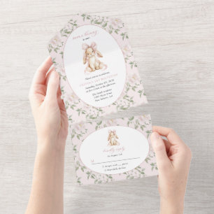 Invitation Tout En Un Lapin Mignon, Nœud Rose, Fleurs Roses, Premier Ann