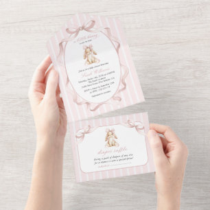 Invitation Tout En Un Lapin Mignon, Nœud Rose, Rayures Roses, Baby Showe