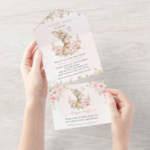 Invitation Tout En Un Lapin Mignon, Papillon, Fleurs Roses, Baby Shower
