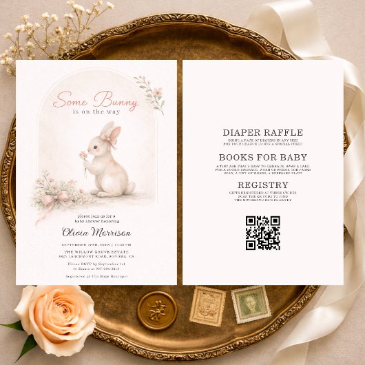 Invitation Tout en Un Lapin Rose Arc Bébé Naissance