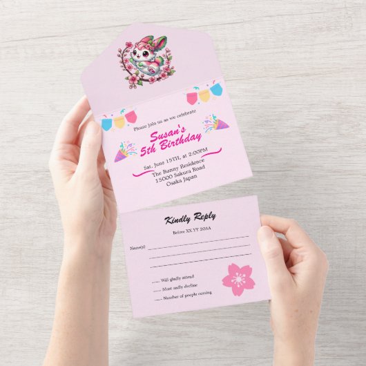 Invitation Tout En Un Lapin Sakura Charmant (Déchirure)