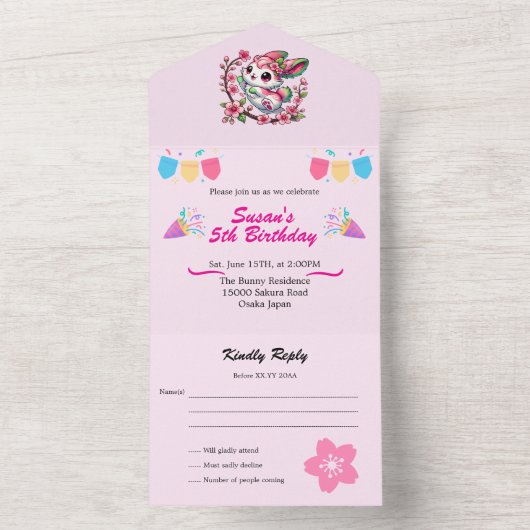 Invitation Tout En Un Lapin Sakura Charmant (À l'intérieur)