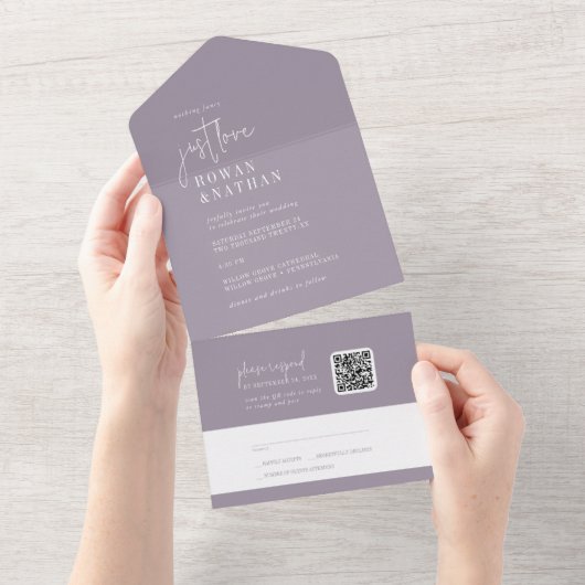 Invitation Tout En Un Lavande Chic Moderne Juste Aimer QR Code Mariage (Déchirure)