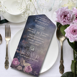 Invitation Tout En Un Lavande florale foncée gothique violet Code QR