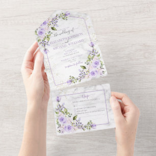 Invitation Tout En Un Lavande Lavande Rustique Marbre Or Mariage Floral 