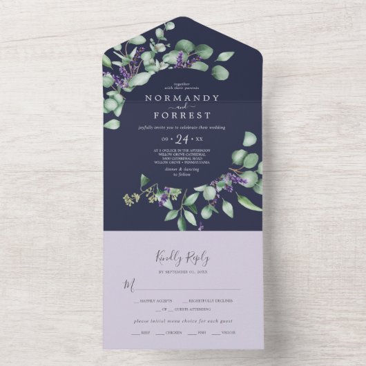 Invitation Tout En Un Lavande rustique et Eucalyptus | Mariage bleu mari (À l'intérieur)
