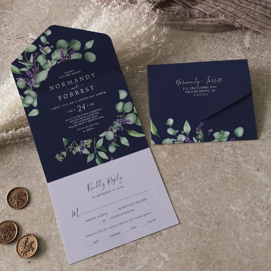 Invitation Tout En Un Lavande rustique et Eucalyptus | Mariage bleu mari