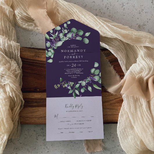 Invitation Tout En Un Lavande rustique et Eucalyptus | Mariage violet