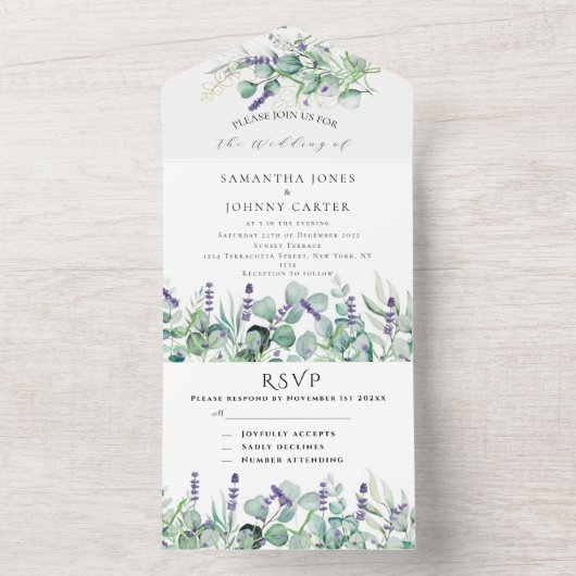 Invitation Tout En Un Lavande rustique et Mariage RSVP Eucalyptus (À l'intérieur)