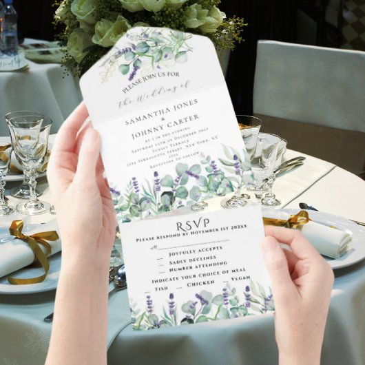Invitation Tout En Un Lavande rustique et Mariage RSVP Eucalyptus