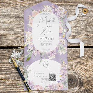 Invitation Tout En Un Lavande rustique & Pink Pastel Floral QR Code