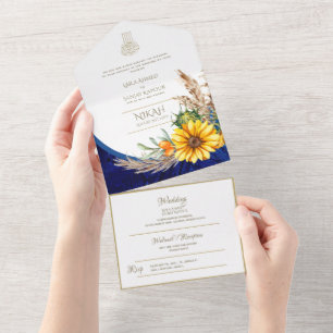 Invitation Tout En Un LeahG Bleu Tournesol Floral Mariage musulman islam