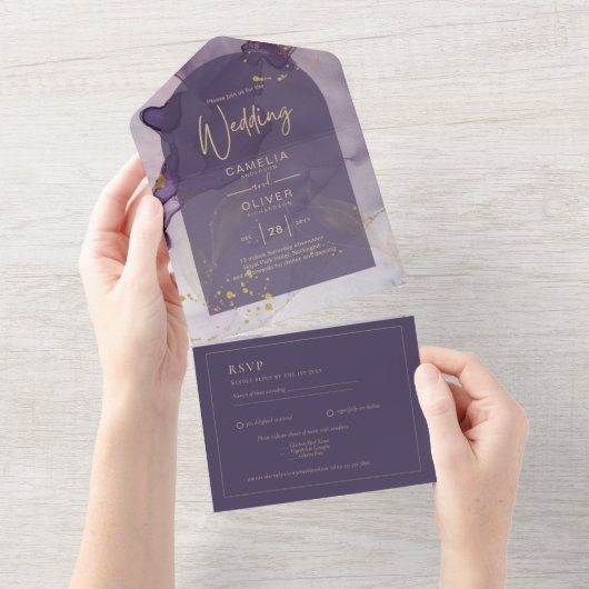 Invitation Tout En Un LeahG Ink Ombre violet Lavender Mariage or (Déchirure)