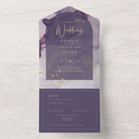 Invitation Tout En Un LeahG Ink Ombre violet Lavender Mariage or (À l'intérieur)