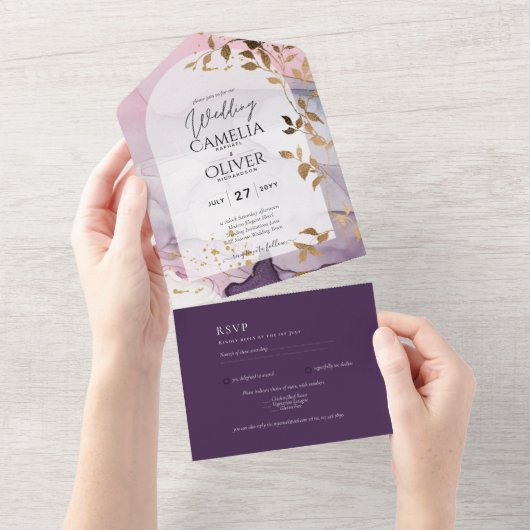 Invitation Tout En Un LeahG Ink Ombre violet rose rose Mariage or (Déchirure)