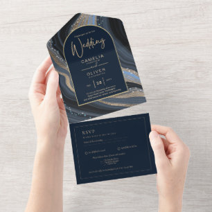 Invitation Tout En Un LeahG Marine Blue Gold Agate STARRY Mariage de nui